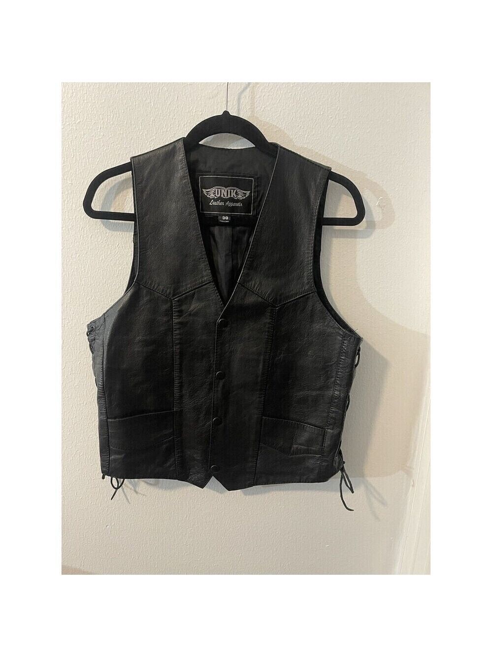 UNIK Leather Apparel Men’s Black Sleeveless Biker Motorcycle Vest Size 38